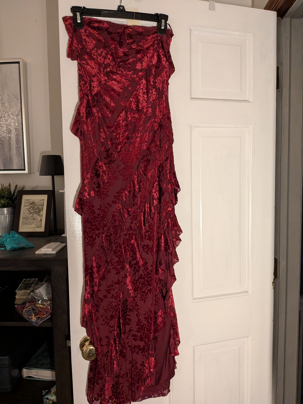 T.J.Maxx Burgundy Red Velvet Floral Ruffle Maxi Dress